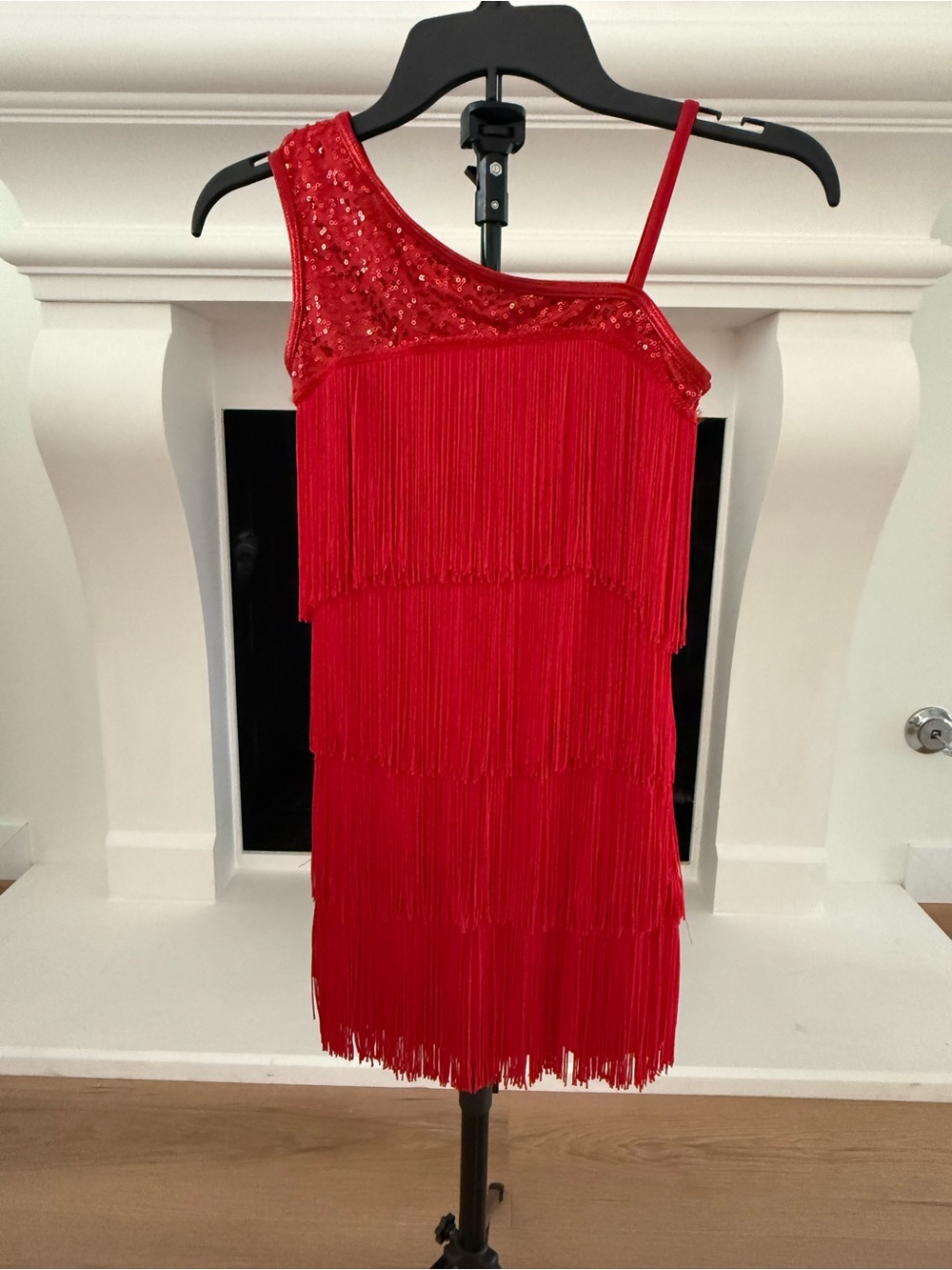Red One-Shoulder Fringe Party Dress, Dance or Halloween Flapper- Child Large